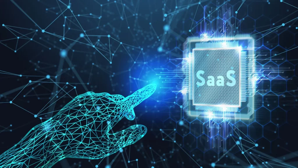 A digital poster of a hand made up of networks pointing at a microchip with the word SaaS printed on it