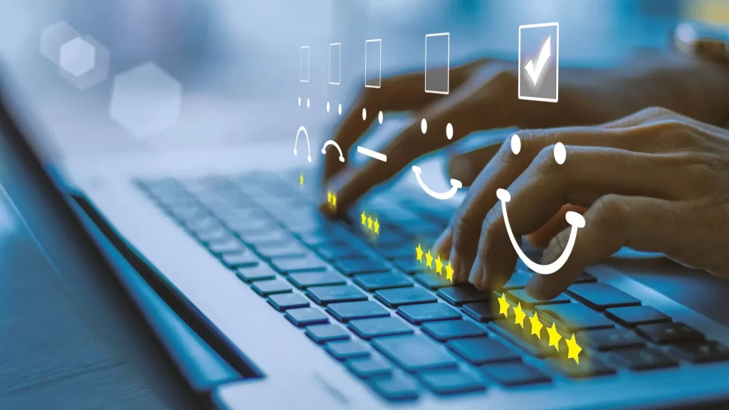 Images of the ratings in a customer retention survey edited over a laptop keyboard